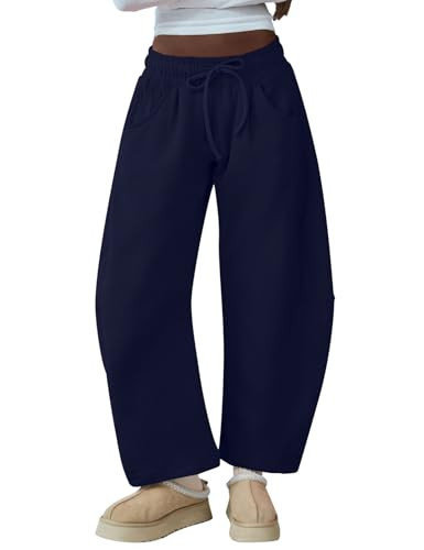 HeSaYep Women's Barrel Leg Sweatpants Drawstring Wide Leg Lounge Pants Baggy Casual Cotton Sweat Pants with Pockets,Navy Blue S | Amazon (US)