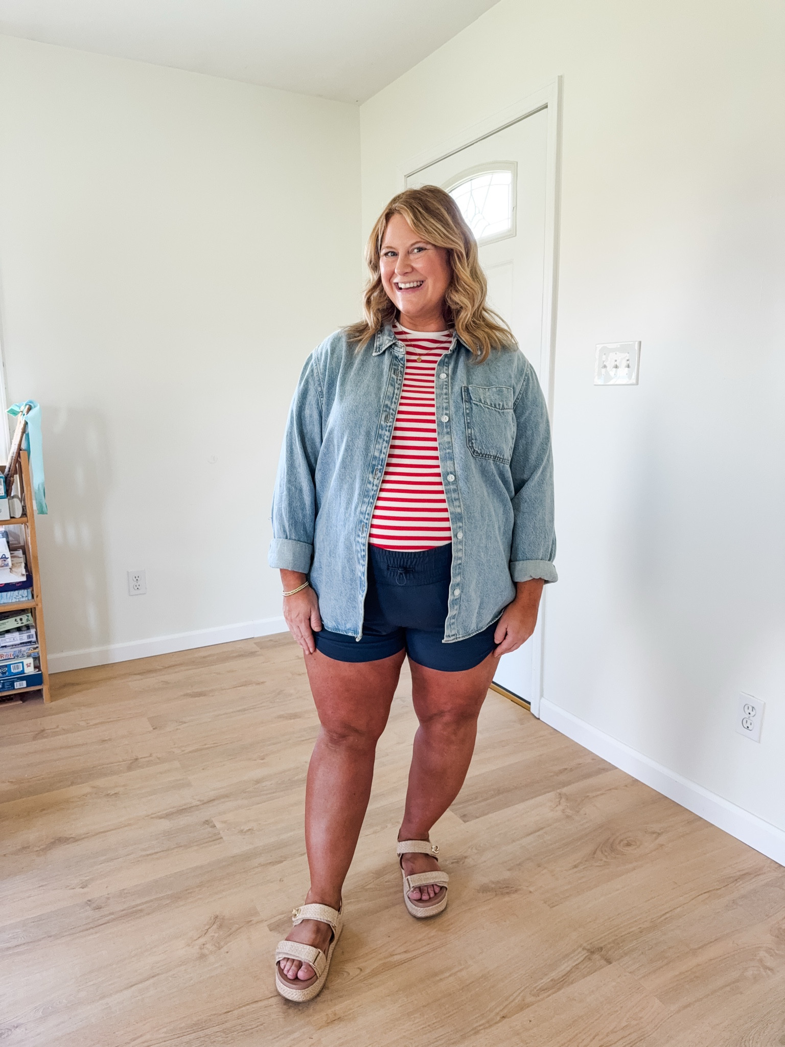 Wearing an XL in my red and white striped tee and my denim shirt.  Sized up to an XXL in my shorts for the bump. 

Red white and blue outfit 
Memorial Day 
4th of July

#LTKMidsize #LTKBump #LTKSeasonal