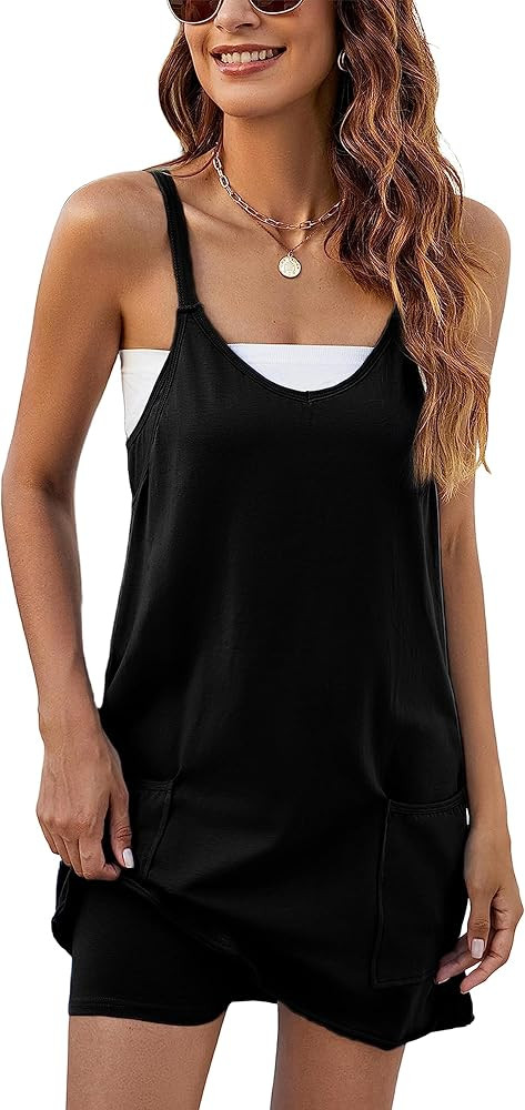 Womens One Piece Spaghetti Strap Rompers with Built-in Shorts Athletic Dresses | Amazon (US)