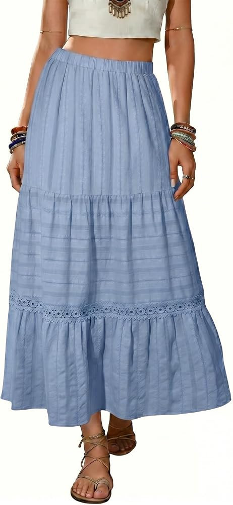 BLENCOT Women's Long Skirt Boho Crochet Lace Tiered High Waisted Cotton A-Line Flowy Maxi Skirt | Amazon (US)