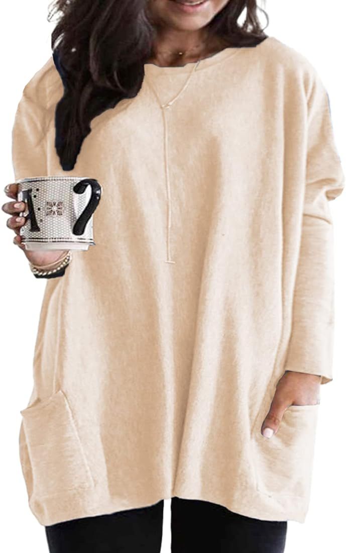 Eytino Womens Plus Size Pocket Shirts Casual Long Sleeve Crewneck Sweatshirt Comfy Oversized Tee ... | Amazon (US)