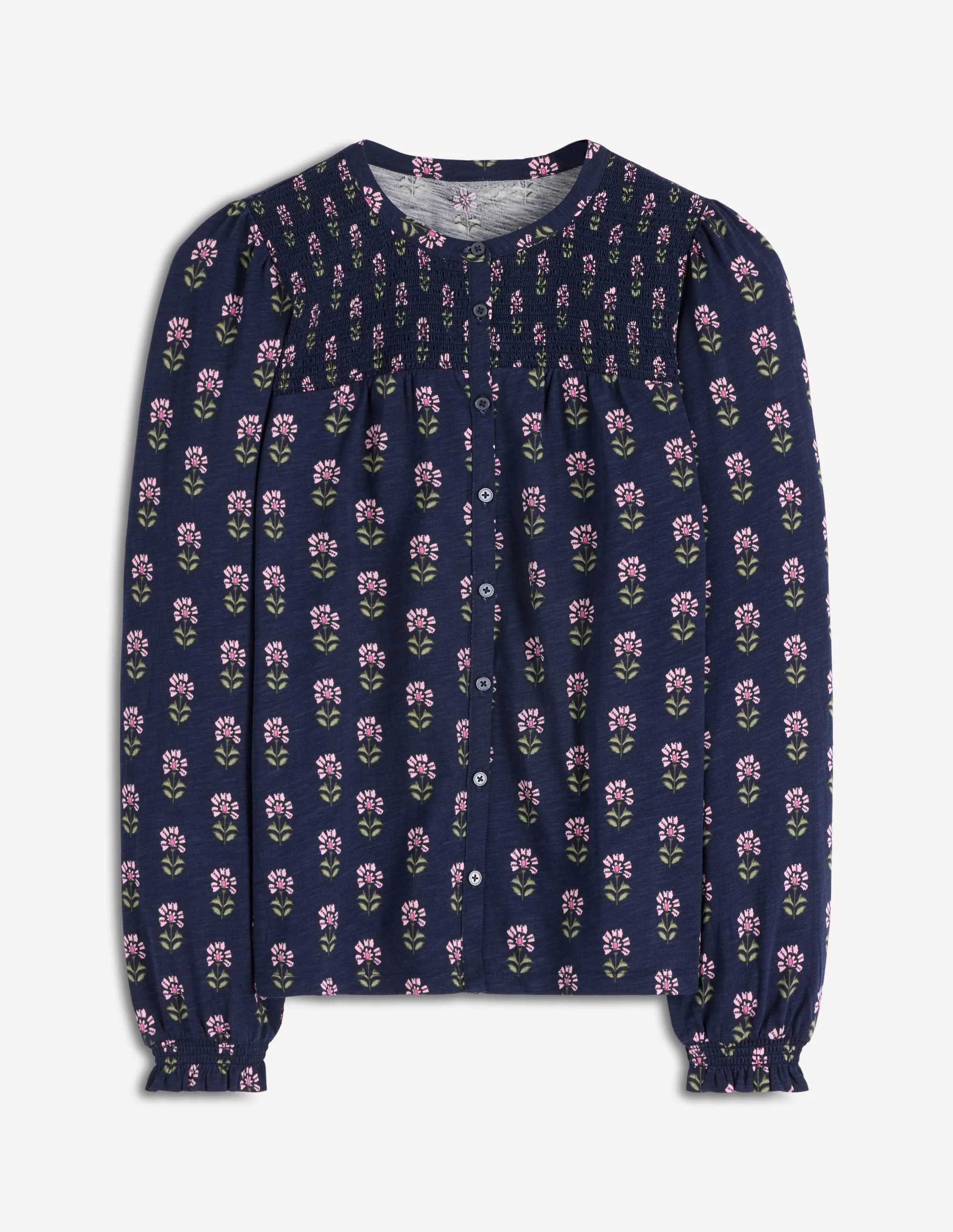 Elsa Smocked Yoke Jersey Shirt-Navy, Woodblock Flower | Boden (US)