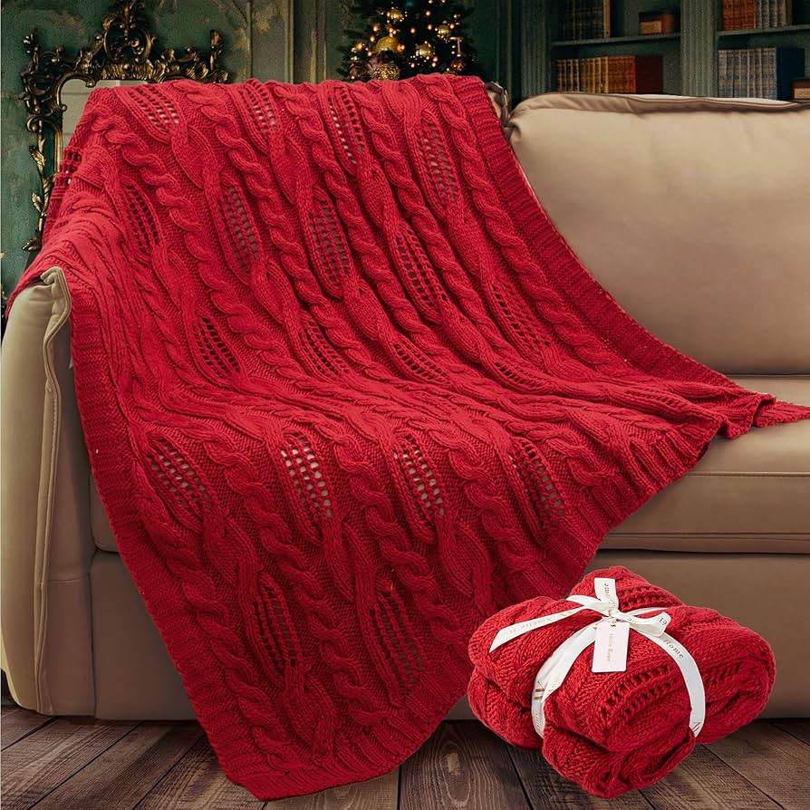 Amélie Home Red Cable Knit Throw Blanket Soft Cozy and Lightweight Chunky Wool Chic Modern Farmh... | Amazon (US)