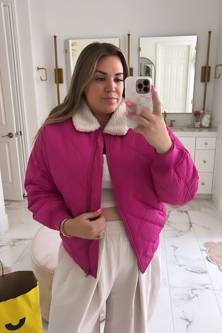 curvy pink puffer jacket with shearling collar from the Nordstrom Anniversary Sale! wearing size large, runs oversized  

#LTKxNSale #LTKcurves #LTKunder50