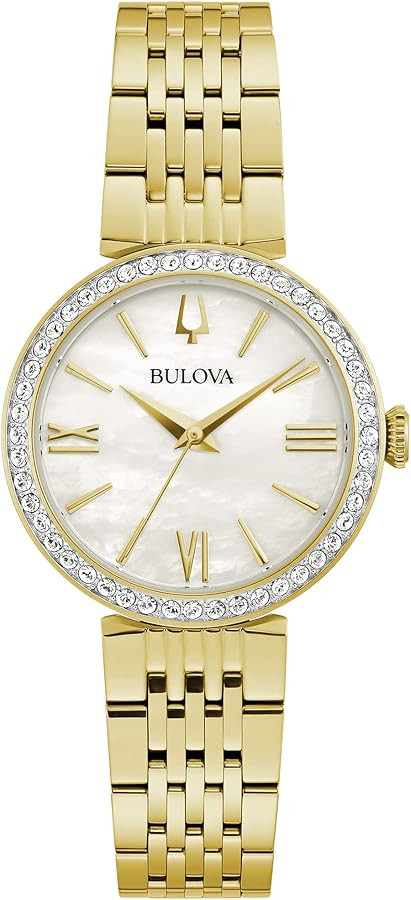 Bulova Ladies' Classic Crystal Stainless Steel 3-Hand Quartz Watch, White Mother-of-Pearl Dial | Amazon (US)