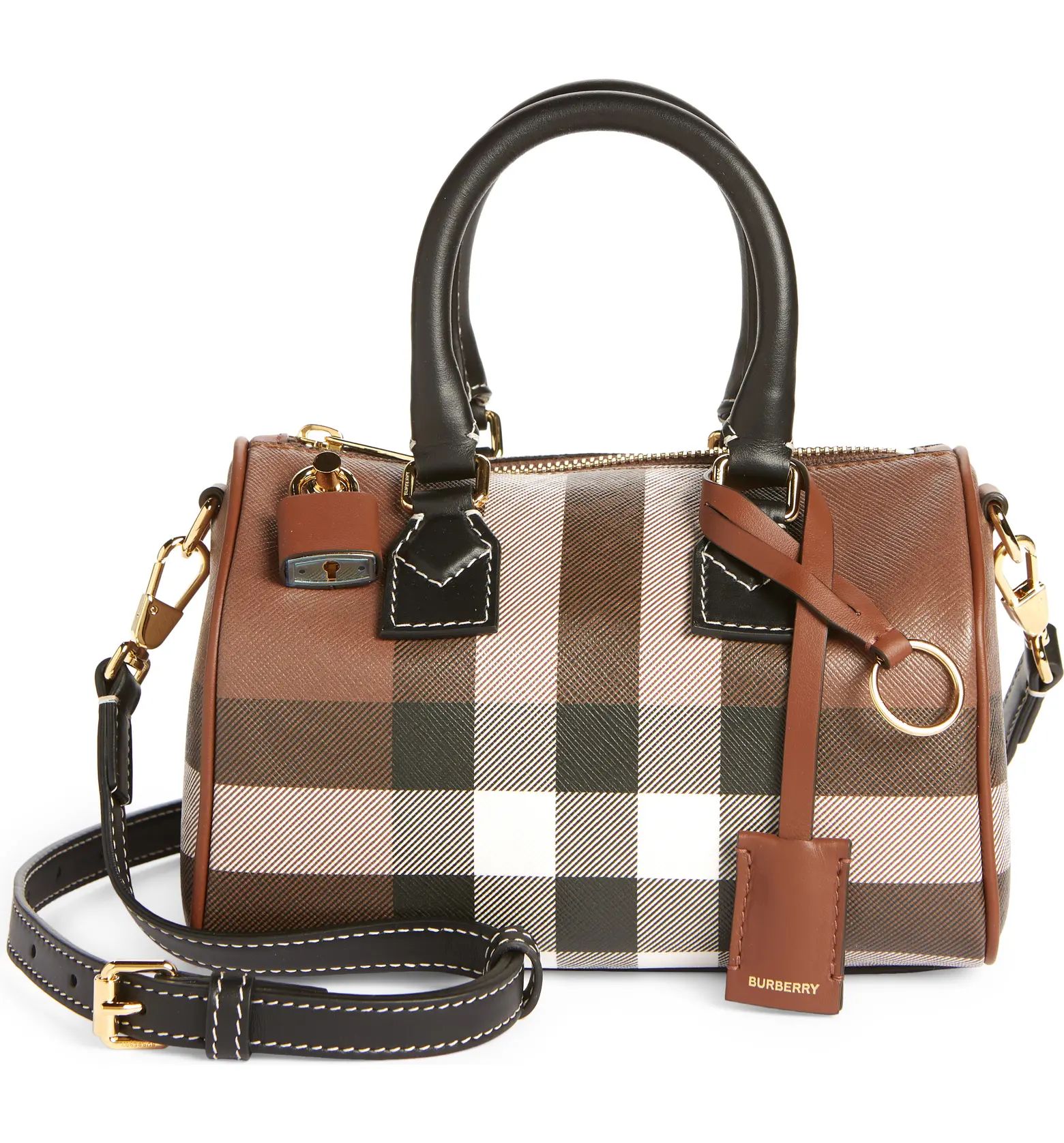 Mini Check Canvas & Leather Bowling Bag | Nordstrom