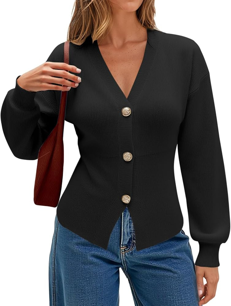 ECOWISH Cardigan Sweaters for Women 2025 Fall Long Sleeve V Neck Button Down Cropped Sweater Wint... | Amazon (US)