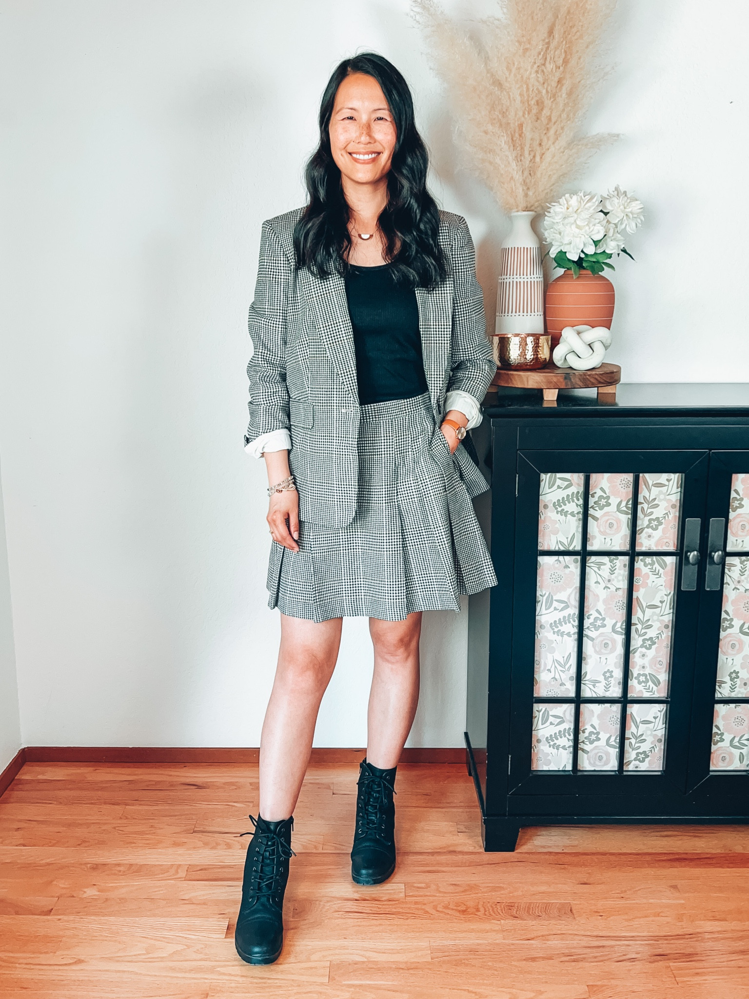Walmart Fashion
Plaid blazer, size up for room in the shoulders/back/arms.  I got a medium.
Plaid pleated mini skirt, I sized up so that it sits a little lower and I get some length.  I am 5’9” and sized up to an 8.  It fits loose on my waist.


#LTKunder50 #LTKBacktoSchool #LTKworkwear