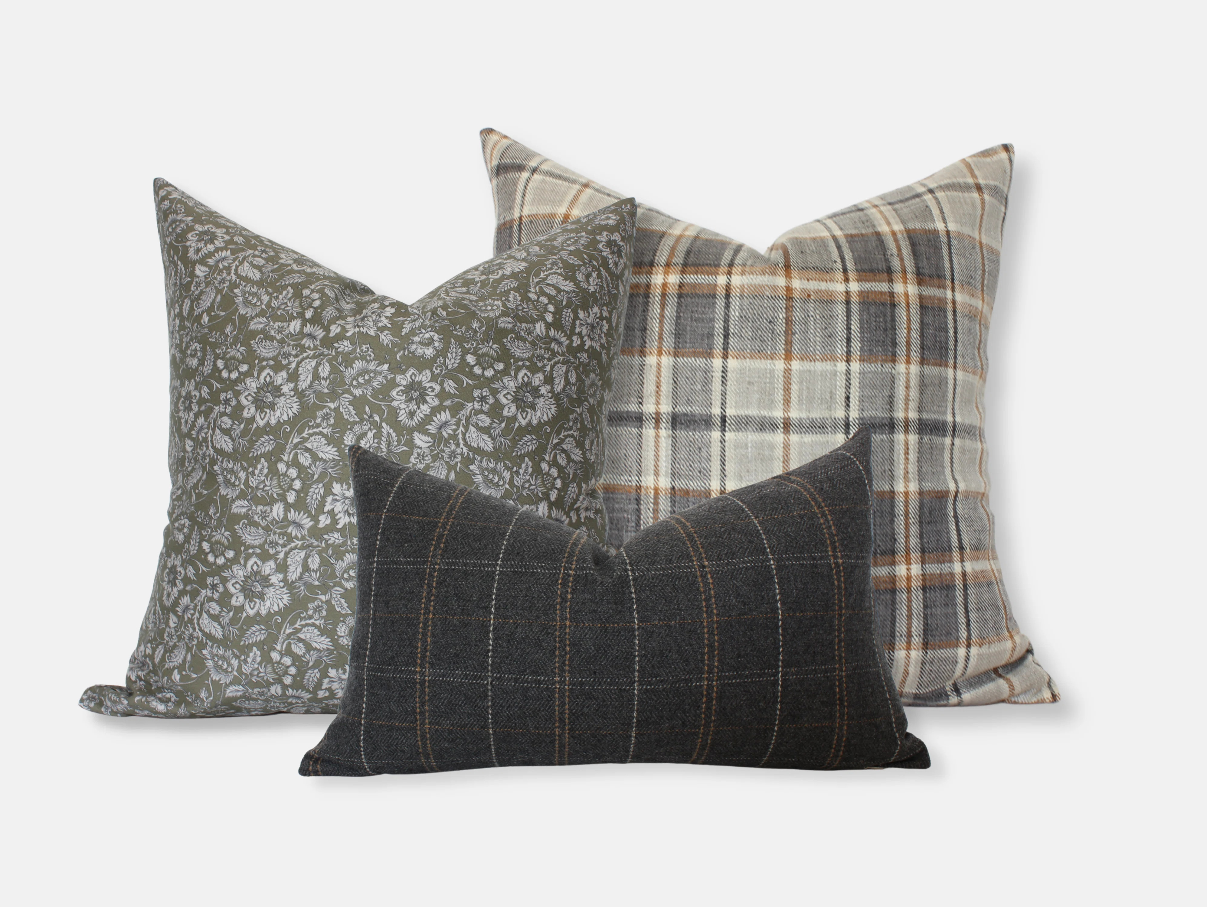 Set of 3 Brown Green Pillow Covers, Grey Plaid Cream Pillow Combination | Wayfair North America