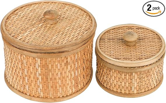 HUAXIN CRAFT H Rattan Round Decorative Storage Box with lid, Set of 2(Natural 7 inches and 5 inch... | Amazon (US)