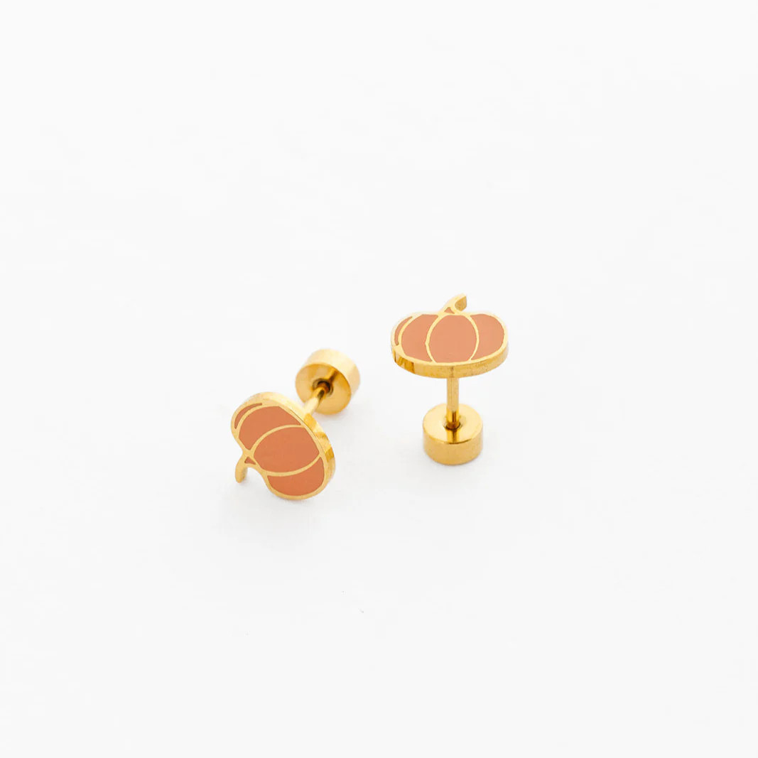 Hypoallergenic gold Pumpkin flat screw back Stud Earrings | Pip Pop Post