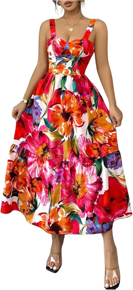 Floerns Women's Floral Print Sleeveless Tiered Dress Beach Flared Long Dresses | Amazon (US)