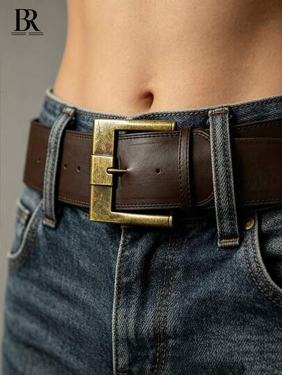 Unisex Brown PU Leather Wide Belt With Vintage Square Metal Pin Buckle, Punk Style 2026 New Christmas Party Nightclub Outfit Slim Fit Versatile Belt - Size Retro Wide Belt | SHEIN