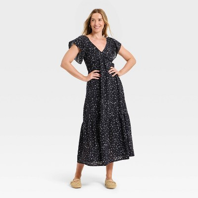 Women's Flutter Short Sleeve Floral Maxi A-Line Dress - Universal Thread™ Black M | Target