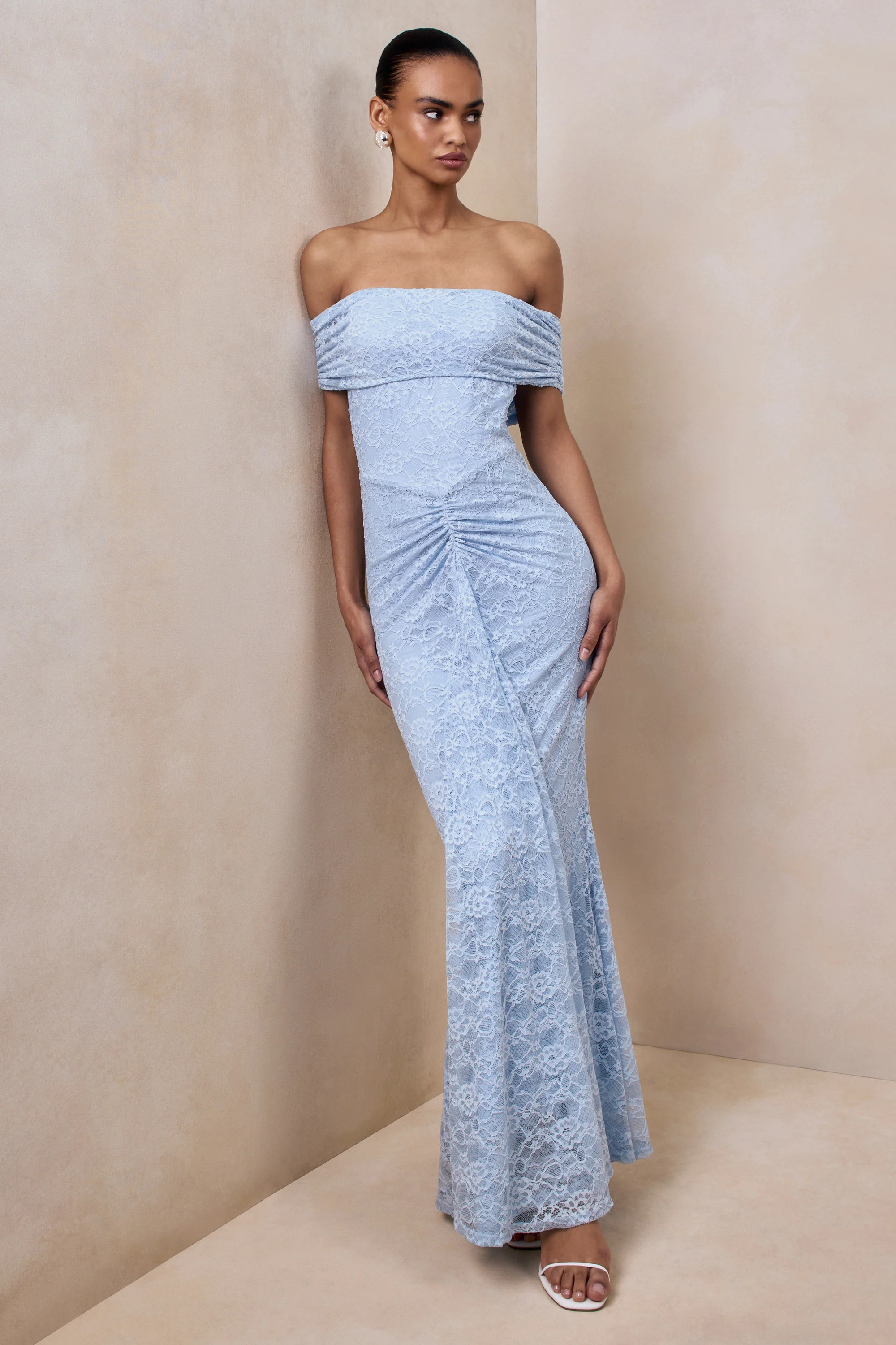 Elinor | Powder Blue Lace Bardot-Neck Maxi Dress With Gathered-Detailing | Club L London