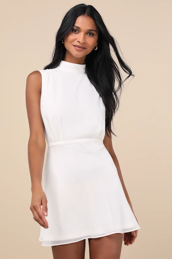 Classic Elegance White Chiffon Sleeveless Mock Neck Mini Dress | Lulus