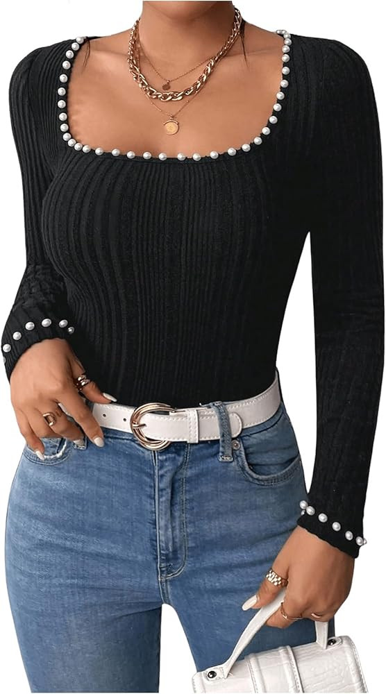WDIRARA Women's Pearls Square Neck Long Sleeve T Shirt Rib Knit Tee Slim Fitted Top | Amazon (US)
