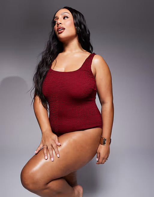 South Beach Curve square neck crinkle swimsuit in cherry red | ASOS (Global)