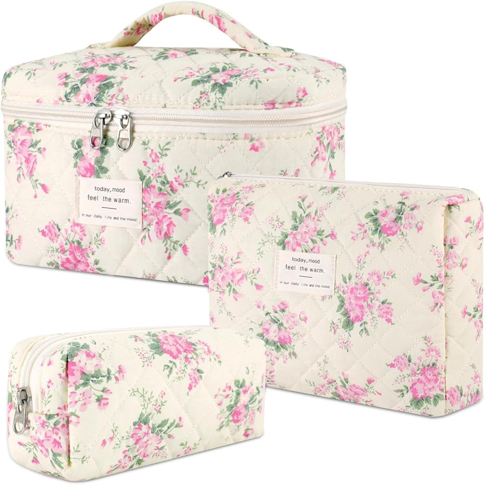 Makeup Bag Set, 3 Pcs Cotton Quilted Makeup Bag, Large Floral Toiletry Travel Cosmetic Bag for Wo... | Amazon (US)