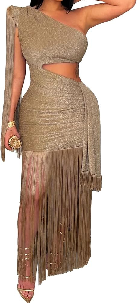 Womens Sexy Wedding Guest Dress Elegant One Shlouder Fringe Dress Flowy Bodycon Sparkly Glitter E... | Amazon (US)