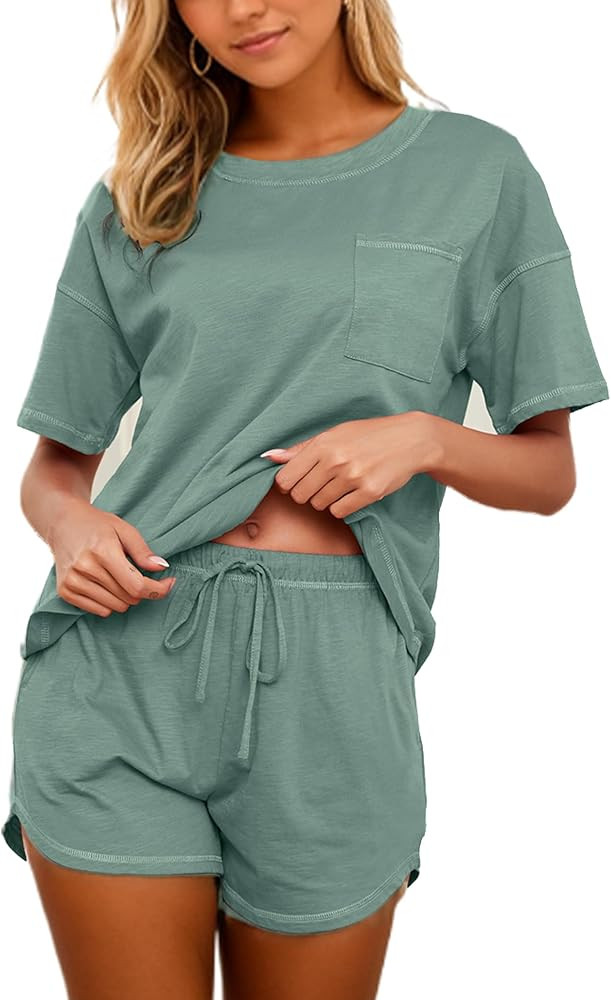 KCW Pajamas for Women Set 2 Piece 100% Cotton Lounge Sets Short Sleeve Top and Shorts Pj Set Slee... | Amazon (US)