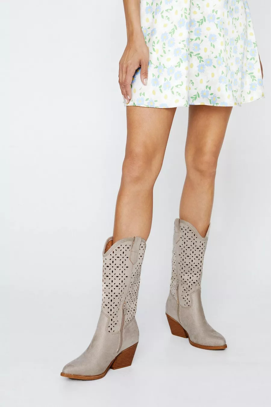 Faux Suede Lazer Cut Midi Cowboy Boots | Nasty Gal (US)