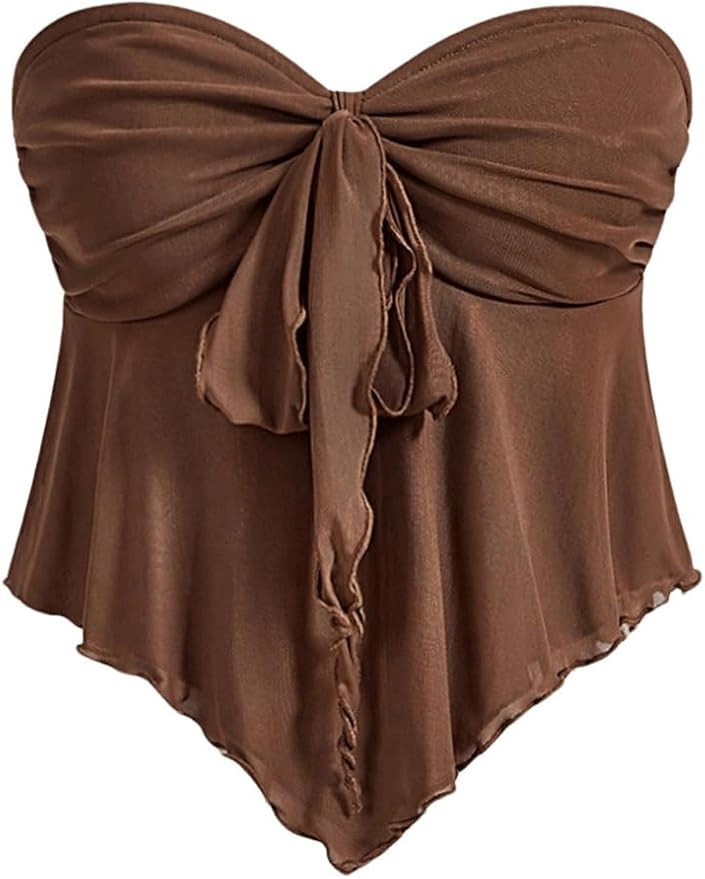 SHENHE Women's Strapless Tie Front Lettuce Trim Asymmetrical Flare Boho Tube Top | Amazon (US)