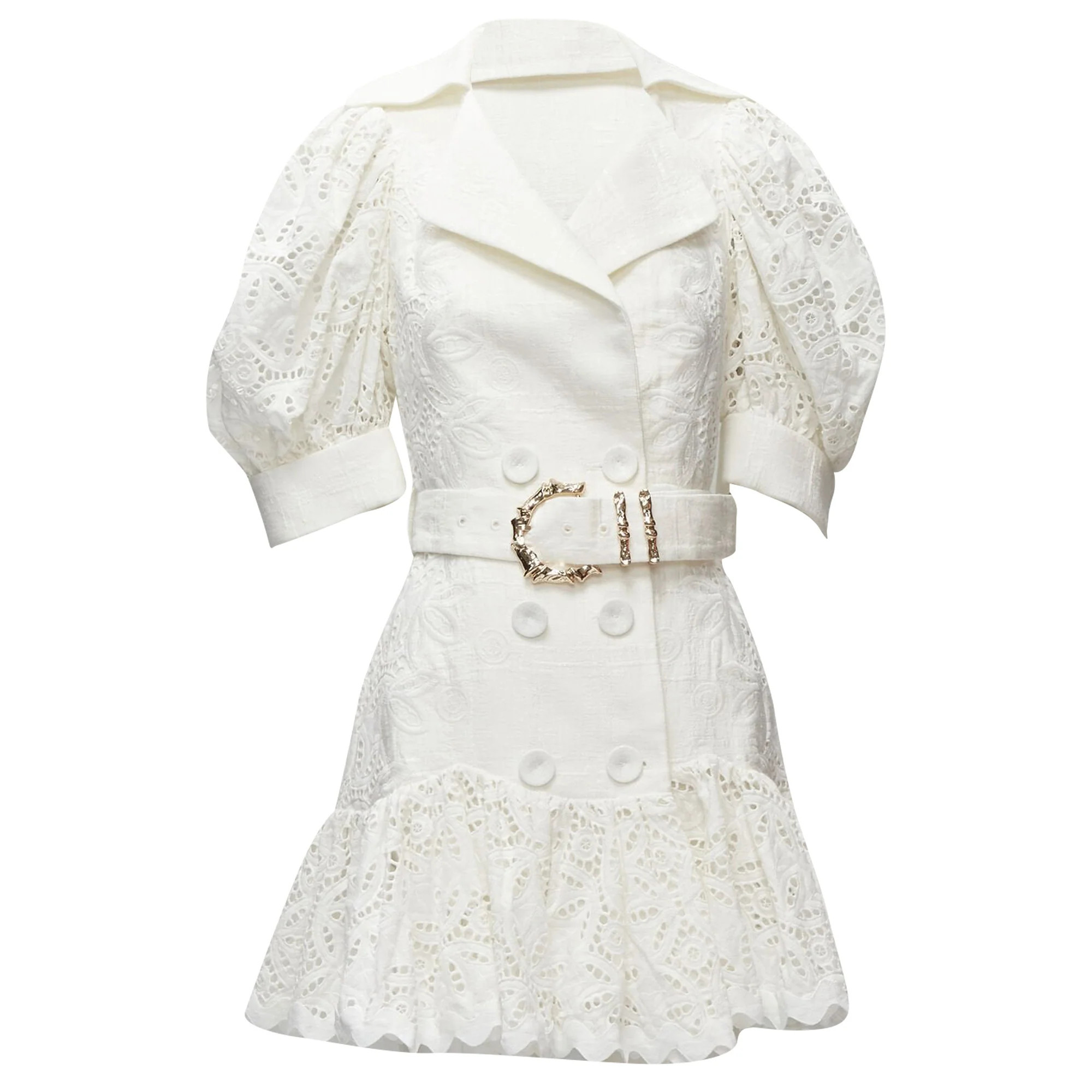 Acler embroidery eyelet puff sleeve belted double breasted dress | Shop Simon