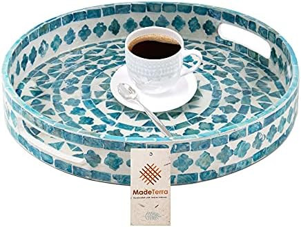 Mother of Pearl Inlay Round Serving Tray | Coffee Table Wooden Tray w Insert Handles - Luxury Dec... | Amazon (US)