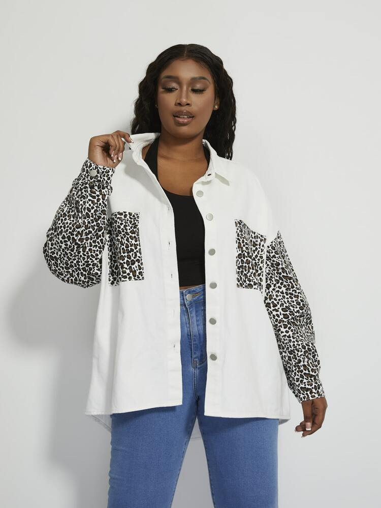 Plus Leopard Panel Denim Coat | SHEIN