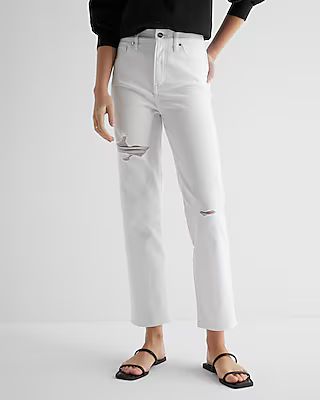 High Waisted White Ripped Straight Ankle Jeans | Express