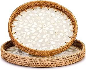 Frcctre 2 Pack Round Rattan Serving Tray with Mother of Pearl Inlay Wooden Base, Decorative Wicke... | Amazon (US)