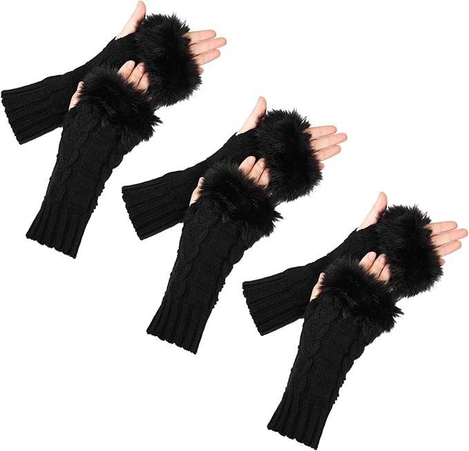 3 Pairs Fingerless Winter Gloves Faux Fur Crochet Warm Middle Length Thumb Hole Fingerless Gloves... | Amazon (US)