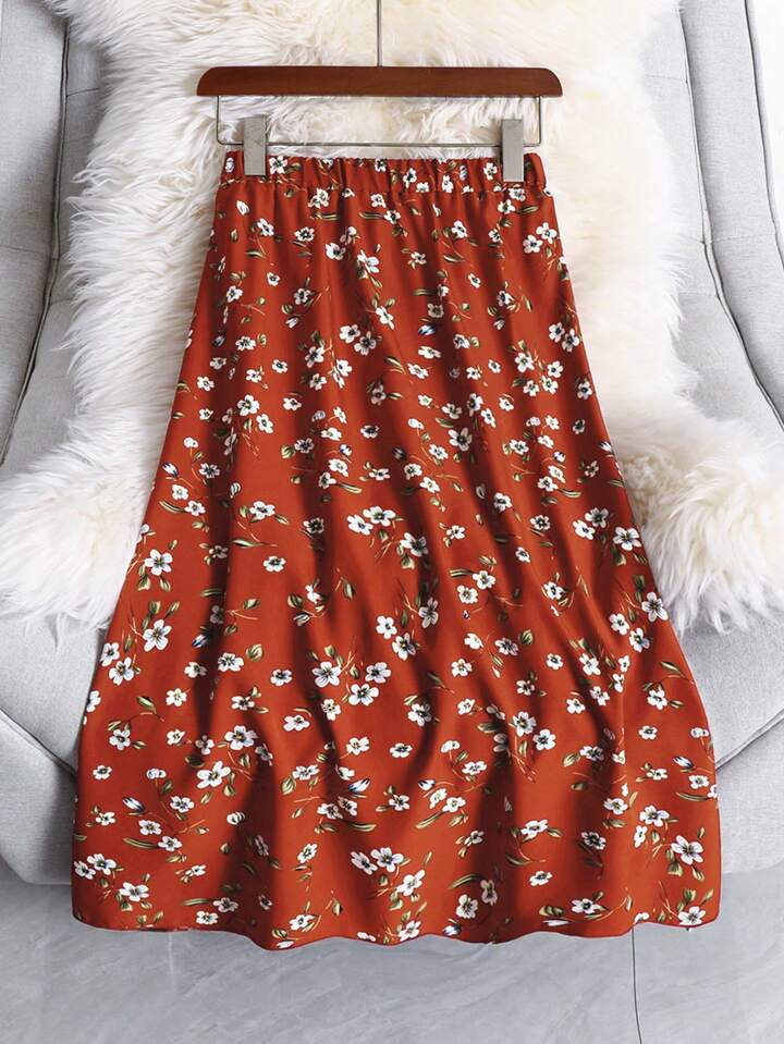 SHEIN LUNE Plus Ditsy Floral Print Elastic Waist Skirt | SHEIN