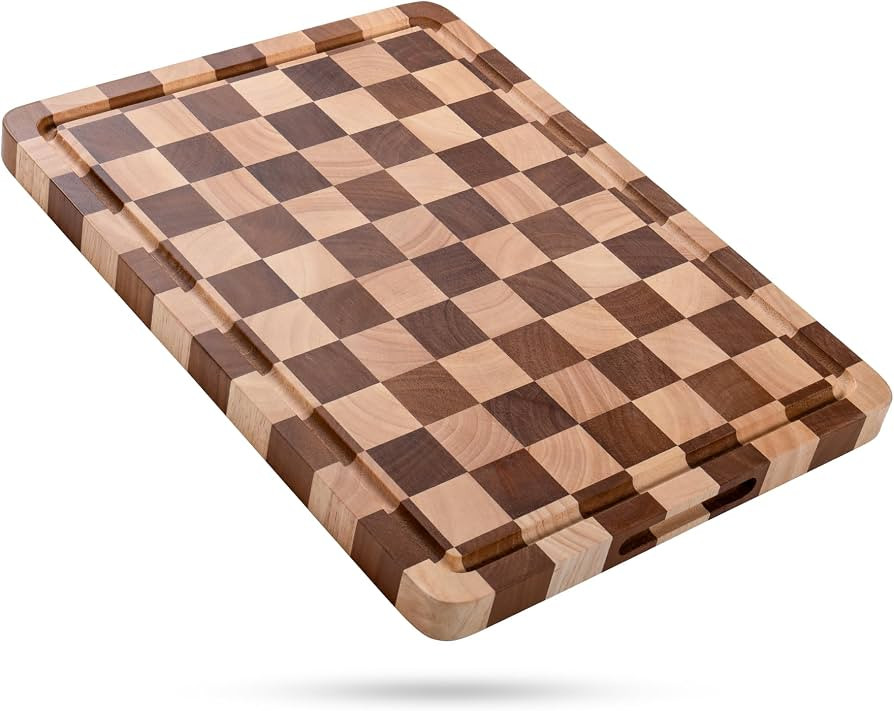 Checkered Cutting Board for Kitchen - Wood Thick Checkerboard End Grain Chopping Board with Handl... | Amazon (US)