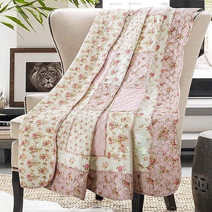 Twin Size Cotton Patchwork Quilt Throw Blanket for Couch Sofa Pink Vintage Floral Reversible Ligh... | Amazon (US)