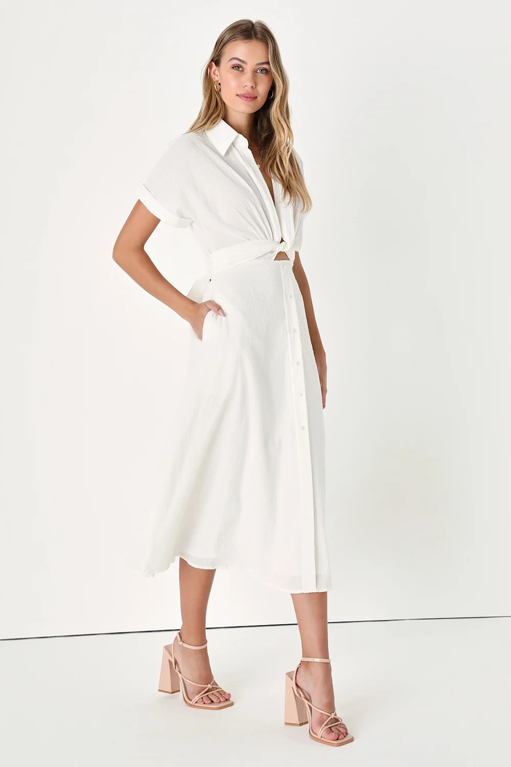 Palermo Perfection White Collared Midi Dress with Pockets | Lulus