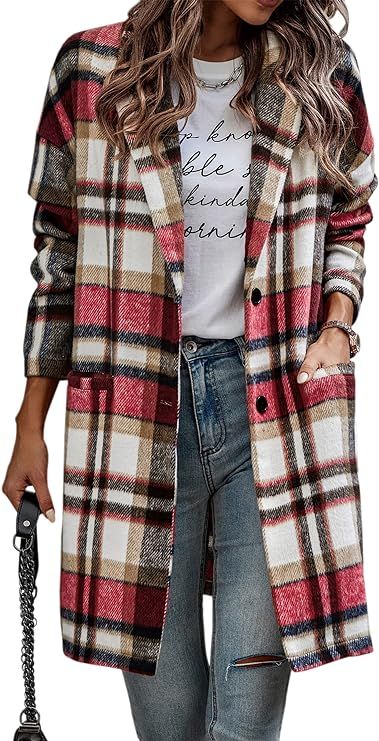 CCTOO Shacket Jacket Women Plaid Long Flannel Lapel Long Sleeve Button Down Shirt Jacket Coats wi... | Amazon (US)