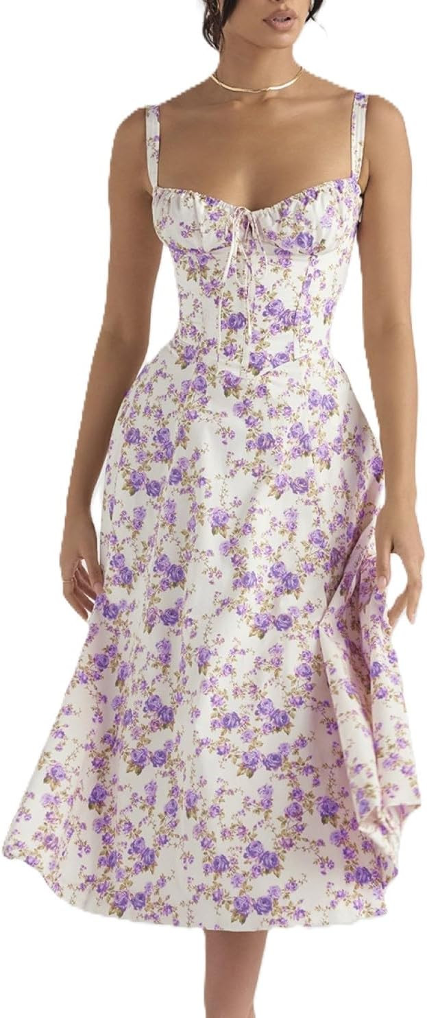 Women's Corset Dresses Floral Print Boho Flowy Slit Dress Midi Beach Casual Sundress Vacation Out... | Amazon (US)