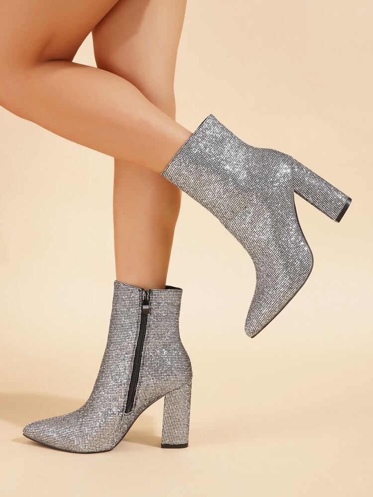 Sequin Decor Zipper Back Point Toe Chunky Heeled Classic Boots | SHEIN