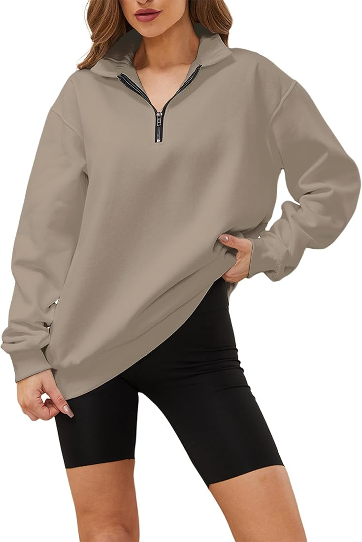 Meladyan Womens Half Zip Sweatshirt Oversized Long Sleeve Collar Drop Shoulder Solid 1/4 Zipper P... | Amazon (US)
