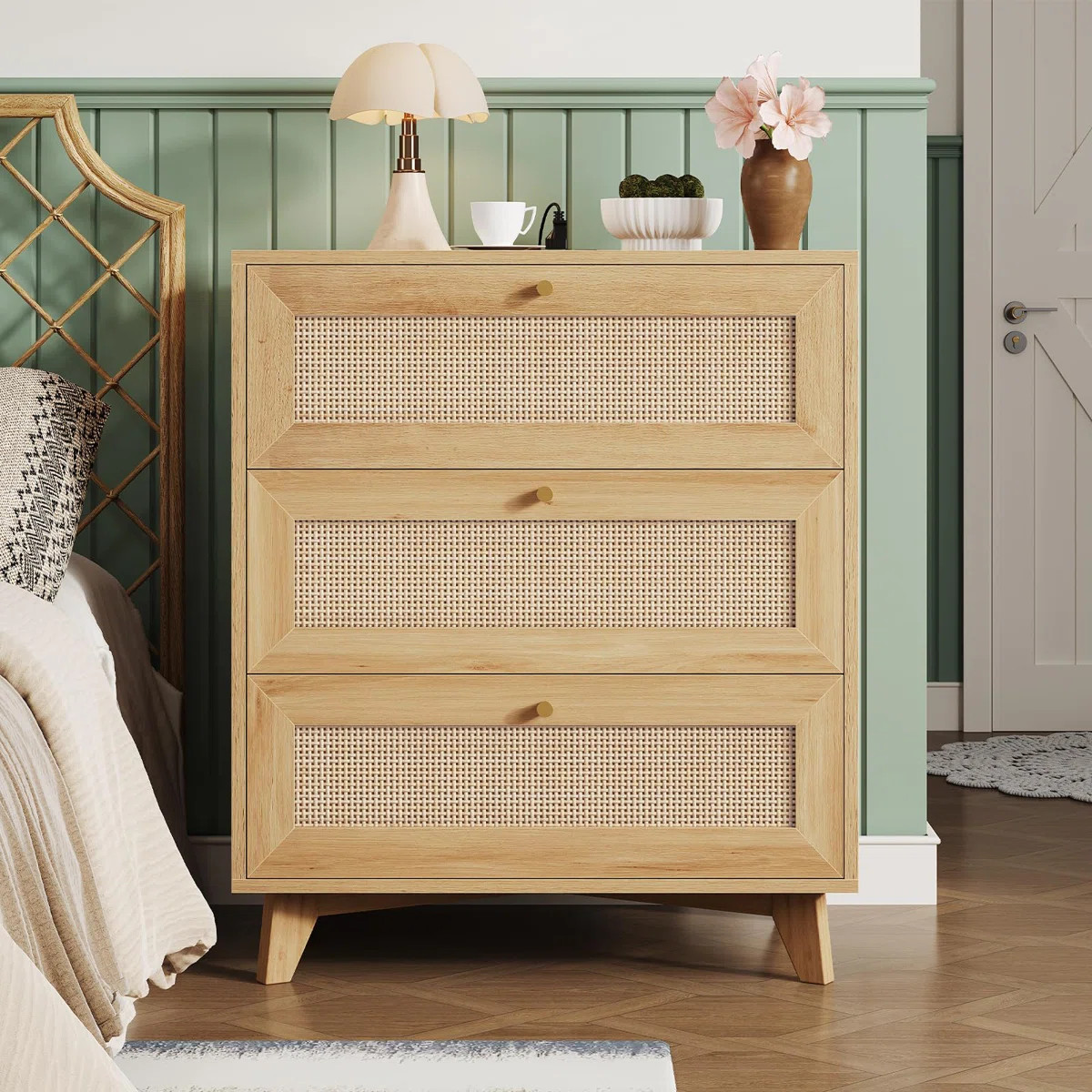 Rattan Nightstand with 3 Drawers & USB Charging Port Modern Bedroom Night Stand (Natural) | Wayfair North America