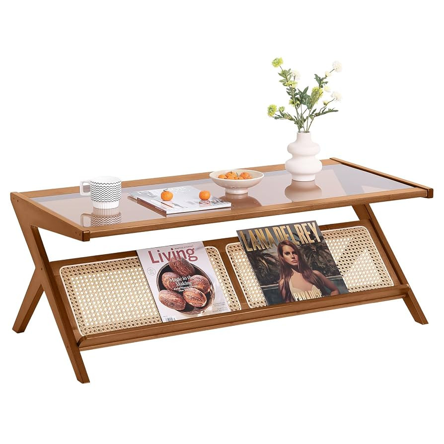 Tiita Rattan Coffee Table, Bamboo Accent Bedside Tables, Glass Nightstand Side Table, Boho Wooden... | Amazon (US)