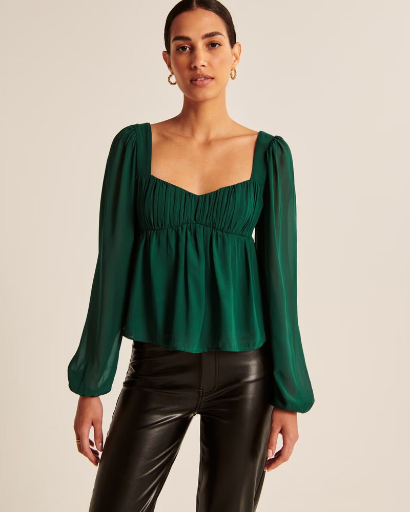 Long-Sleeve Sheer Puff Sleeve Top | Abercrombie & Fitch (US)