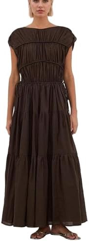 Women Pleated Ruched Tiered Maxi Dress Sleeveless Patchwork Ruffle Hem A Line Flowy Summer Elegan... | Amazon (US)