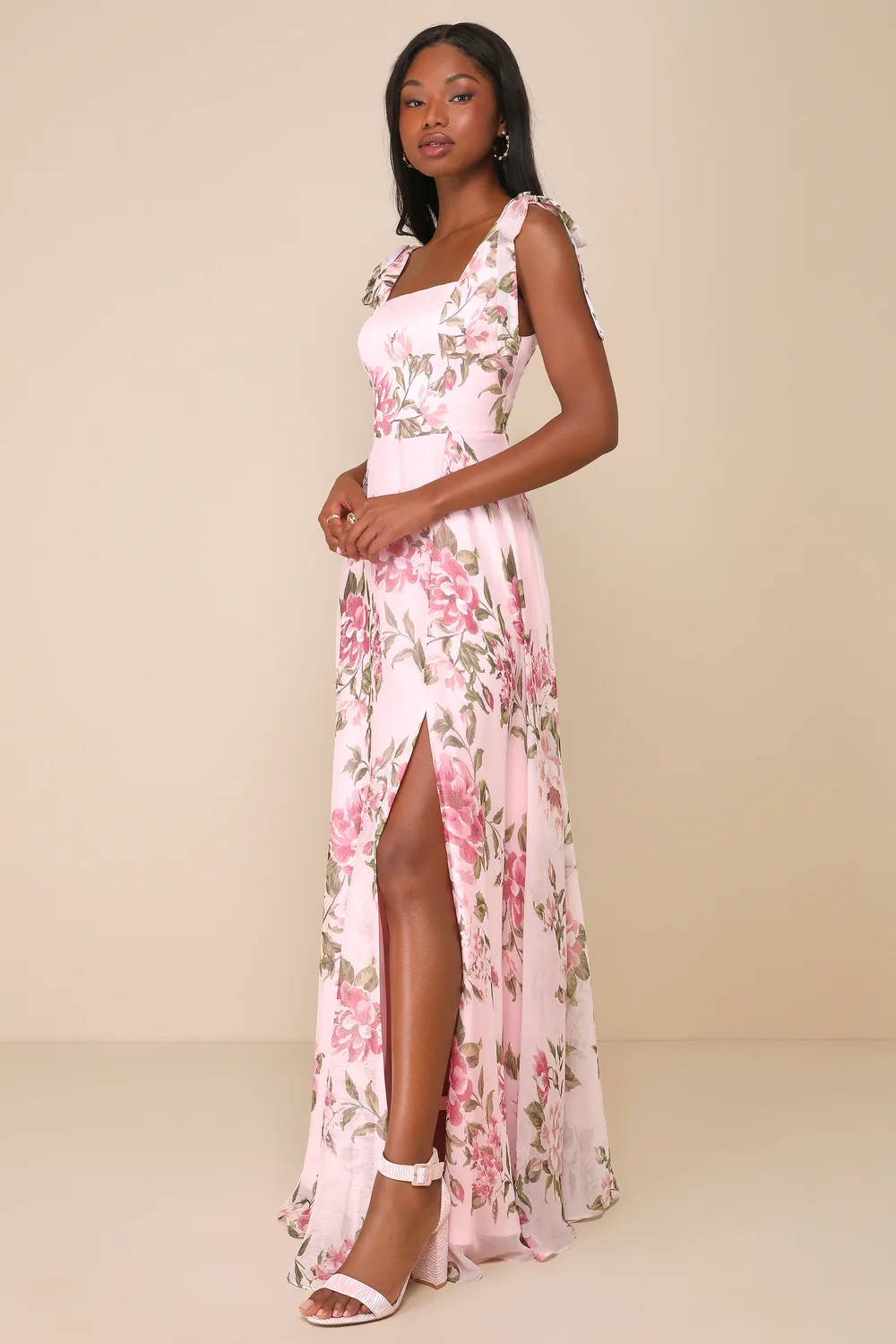 Love Me Forever Pink Floral Tie-Strap Square Neck Maxi Dress | Lulus