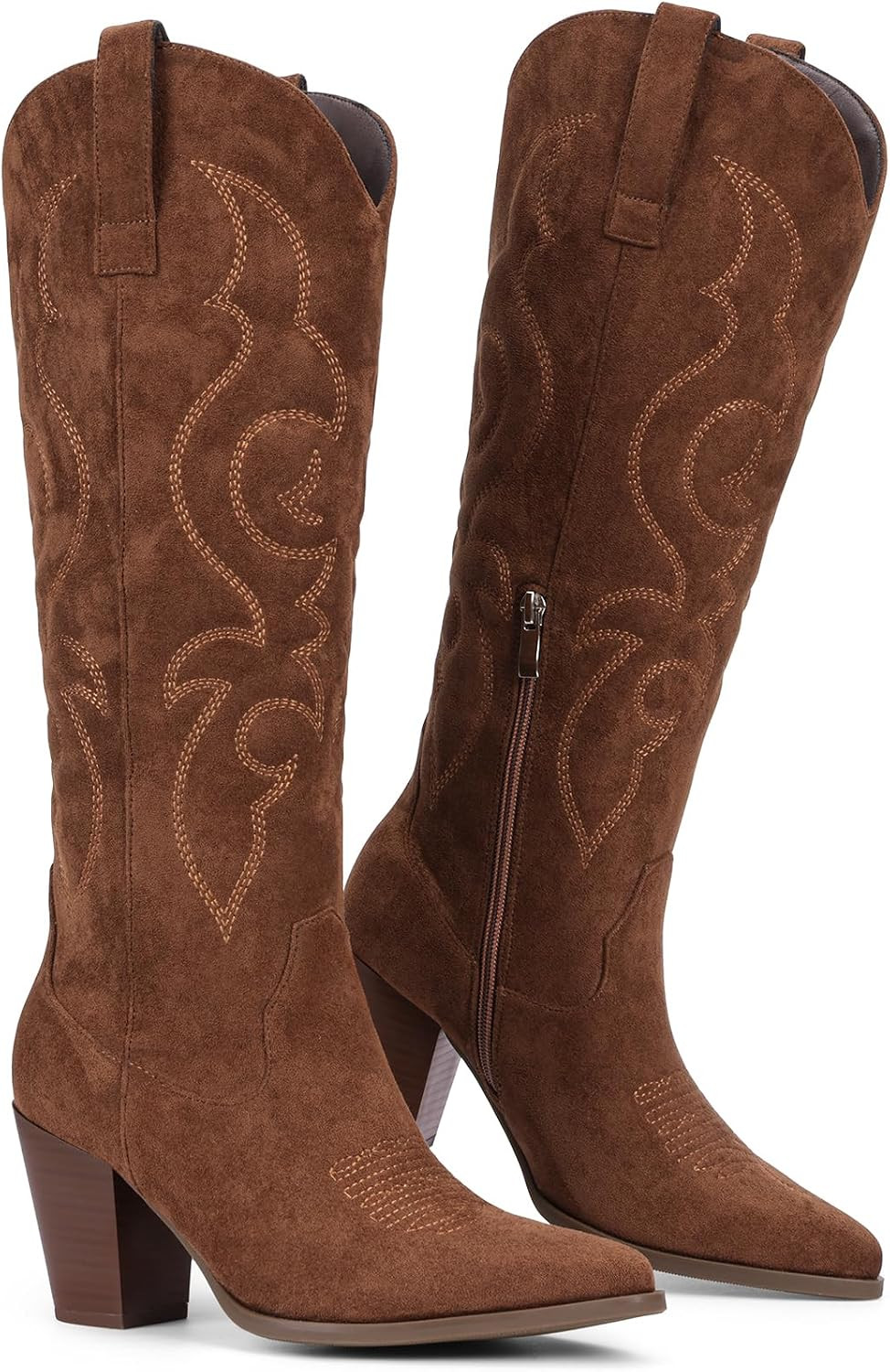 Suede Cowboy Boots for Women - Western Knee High Cowgirl Boots with Side Zipper, Retro Pointed Toe Tall Block Heel Pull On Long Boot for Ladies Fall Winter Rodeos Concert Festival Daily | Amazon (US)
