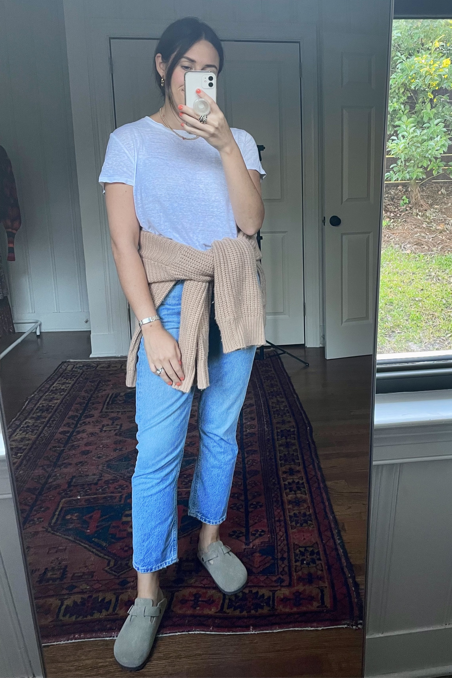 Casual outfit. Fall fashion. Fall outfit. Weekend look. Agolde jeans. Birkenstock Boston. White t shirt. Sweater weather. Under $100. Amazon jewelry. Under $50. 

#LTKshoecrush #LTKSeasonal #LTKunder50