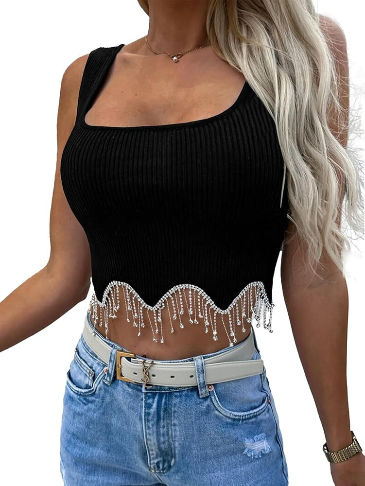 LYANER Women's Rhinestone Fringe Trim Ribbed Knit Square Neck Sleeveless Crop Tank Top | Amazon (US)