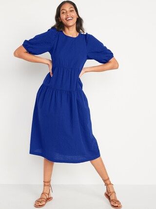 Tiered Puff-Sleeve All-Day Midi Swing Dress for Women | Old Navy (US)